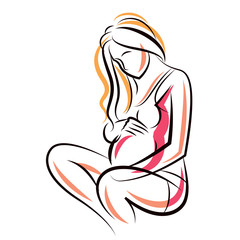 Pregnant female beautiful body outline, mother-to-be vector drawn illustration. Happiness and caring theme. Mothers day.