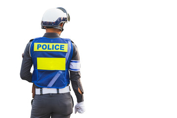 street police officer with uniform hard hat back view isolated on white