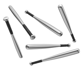 3d rendering of many steel baseball bats black-wrapped handles flying in different angles on a white background.
