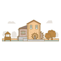 water mill surrounded by trees and pergola