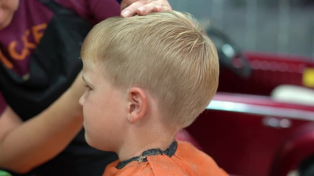 haircut of a little boy in a children's hairdressing salon