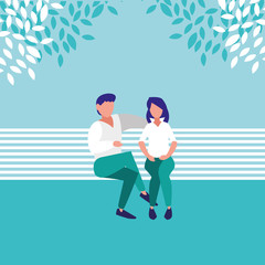 couple sitting park chair avatar character