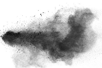 Black powder dust explosion against a white background.