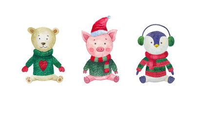 set of watercolor illustrations for Christmas and new year.  Characters: polar bear, pig, penguin