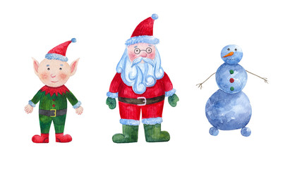 set of watercolor illustrations for Christmas and new year.  Characters: Santa Claus, Christmas elf, snowman