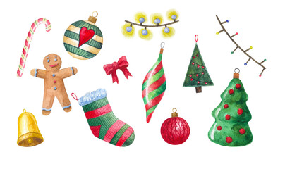 set of watercolor illustrations for Christmas and new year. Candy, gingerbread man, garland, Christmas toy, Christmas tree, sock, bell, bow