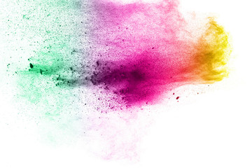abstract multicolored dust splatter on white background.Freeze motion of color powder explosion on white background.
