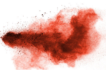 abstract red dust splattered on white background. Red powder explosion.