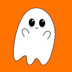 Flying Ghost wishes a happy Halloween. Scary white ghost. Cute little flying Ghost . Smiling face, hands. Orange greeting card background. Flat design. Vector illustration
