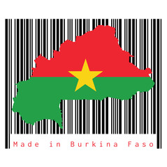 Map outline and flag of Burkina Faso on black barcode with white background, text: Made in Burkina Faso. concept of sale or business.