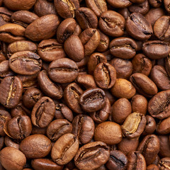 Beautiful light brown coffee beans. Ideal coffee texture for any layout. Top view on grains, macro...
