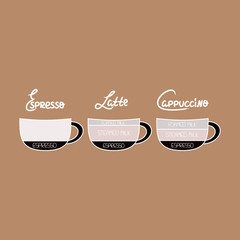 Coffee menu with cups. Coffee set. Vector illustration.