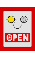 Open 24 Hours. Open Shop 24/7. Vector illustration of sun and moon abstract design