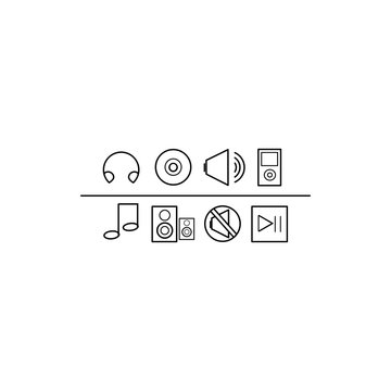 Black and white icon set. Music, disk, microphone, mp3, headphones on the white background.