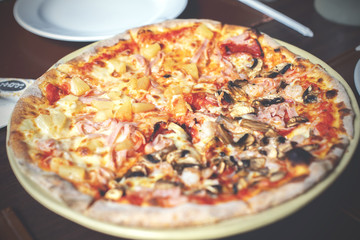 Pizza  split half topping close up detail