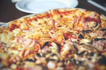 Pizza  split half topping close up detail