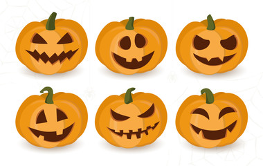 Set of Halloween pumpkins with funny or scary faces. Cute cartoon pumpkin character vector illustrations. Different emotions. Autumn holiday symbols
