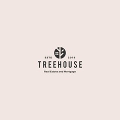 eco house home treehouse mortgage real estate logo vintage retro hipster vector