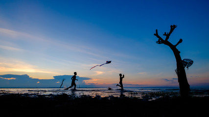 Fototapeta na wymiar Boys running with their kite on beach
