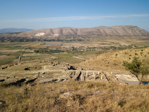 Aerial view of historical ruins located in Finiq Archaeological Park (Albania)