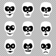 Cartoon day of the dead masks skull set template on transparent background. Zombie emotion Halloween faces design collection
