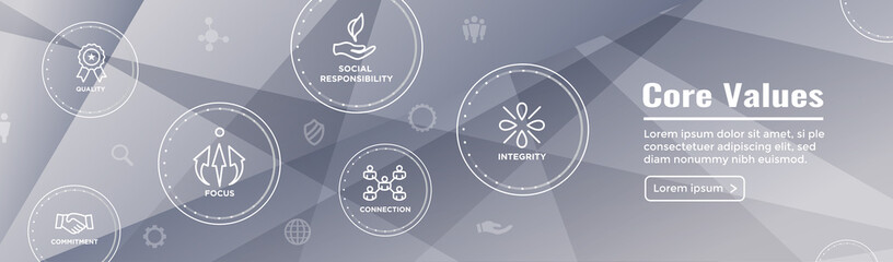 Core Values Web Header Banner image with Integrity, Mission, etc Icon Set