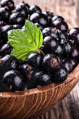 Big wooden bowl with fresh black currant and original leave on wooden background close-up.