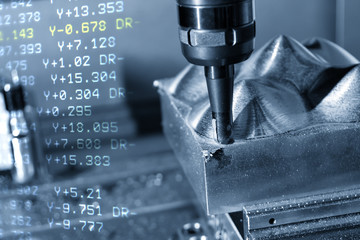 The abstract scene of  CNC milling machine and the G-code data cutting the mold part.The Hi-Technology manufacturing process.