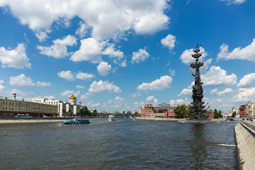 Bypass canal of the Moscow river and naval monument to the Russian czar Peter the Great
