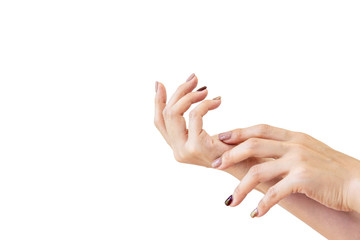 Young Asian women hands with painted nails close up.  Isolated on white background.