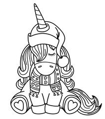 Vector cute  unicorn cartoon, black silhouette isolated on white for coloring.