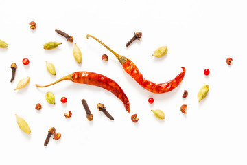 Obrazy  Tło prezentacji przypraw do żywności czerwone suszone papryczki chili i różne egzotyczne przyprawy na białym tle
