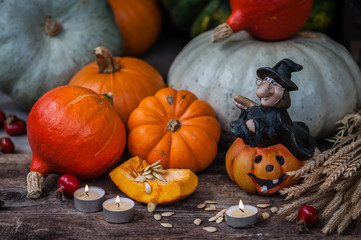 Autumn still life with seasonal fruits, wheat and vegetables on wooden background. Halloween decoration.