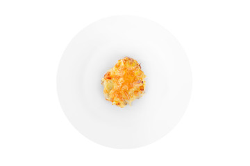Meat, pork, beef, chicken, fish baked under a crust of mayonnaise and cheese on a plate, isolated on white background, view from above. Serving for a cafe, a restaurant in the menu
