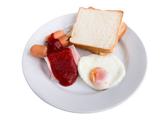 Simple dish of the American breakfast included egg, ham, bread and sausage.  Isolated on white background.