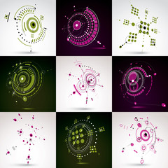 Set of modular Bauhaus 3d vector backdrops, created from geometric figures like circles and lines. For use as advertising poster or banner design. Perspective abstract mechanical schemes.