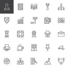 Business outline icons set. linear style symbols collection, line signs pack. vector graphics. Set includes icons as Stamp, Abacus, Group, Hierarchical structure, Profits, Auction, Briefcase Building