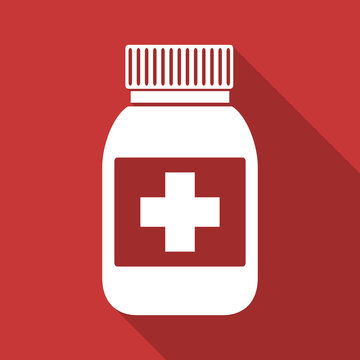 Medicine pills vector icon. Medical sign. Flat design bottle with cross symbol.
