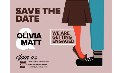 Save the Date Concept Engagement Invitation Design Template. Abstract Modern Card Design. Vector Illustration of a couple kissing. Girl on Guy's feet kissing.