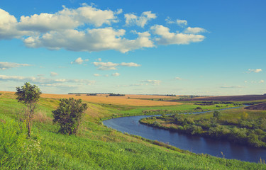 Obraz premium Sunny summer landscape with fields,river and beautiful woods.Tula region,Russia