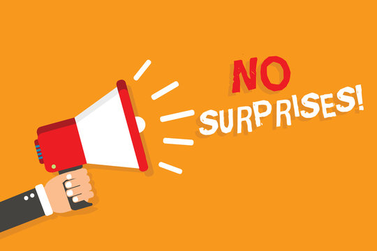 Conceptual hand writing showing No Surprises. Business photo showcasing Presupposed Eventual Destined Traditional Set The Usual Man holding megaphone orange background message speaking