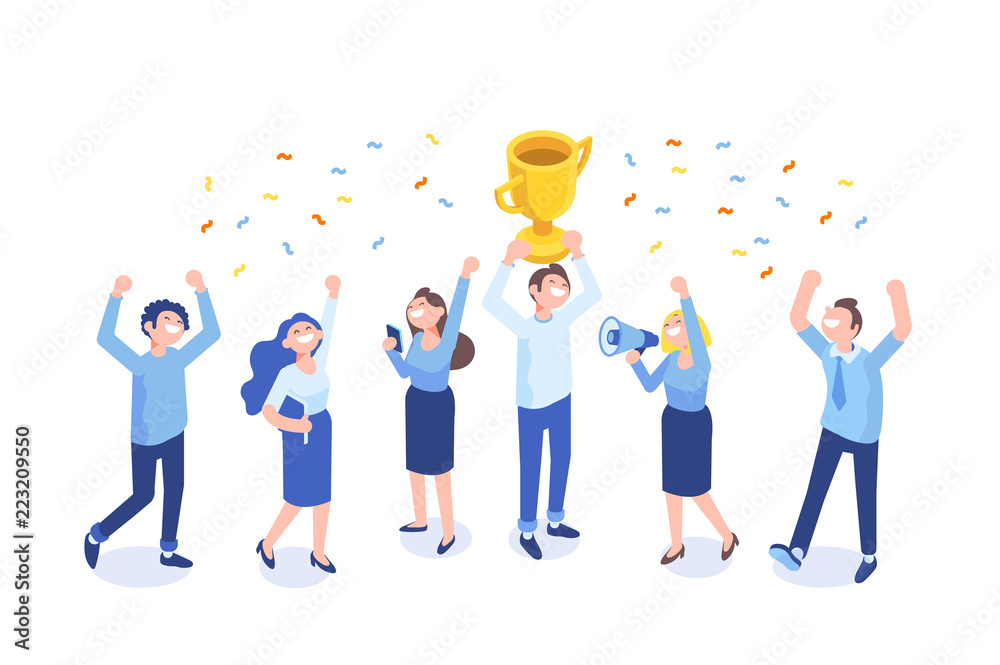 Wall mural team success vector illustration. business people celebrating victory. vector illustration of a flat