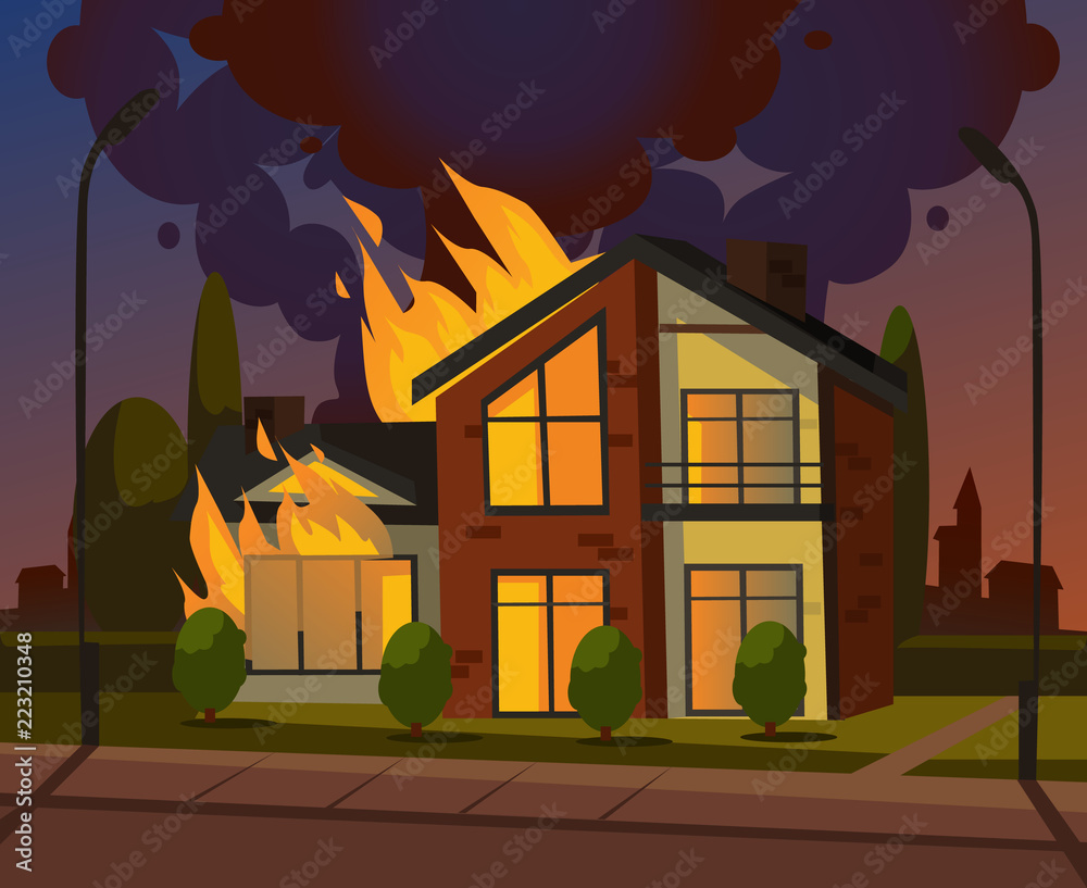 Wall mural Burning house fire. Vector design graphic flat cartoon illustration