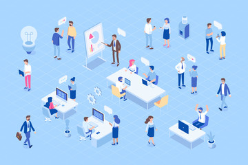 Isometric people vector set. Office life. Isometric office workspace with people working together. Flat illustration. 