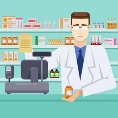 Male pharmacist with pills behind the counter. Pharmacy or drugstore interior. Vector flat style illustration