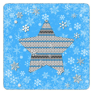 Vintage card. Knitting. Star. Snowflakes background. White elements, blue background, frame