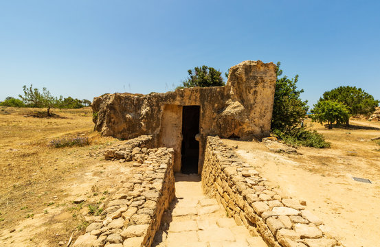 Ruins and columns of the ancient city of Paphos, Cyprus. Entrance in an old temple.