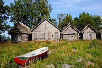 Fishermen huts by the southern shore of Gulf of Finland in Altja village at Lahemaa National Park,...