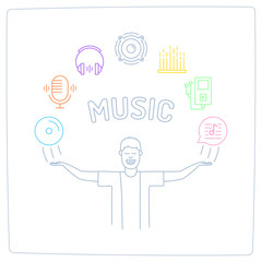 a music man character with his hands up and Audio doodle Icons