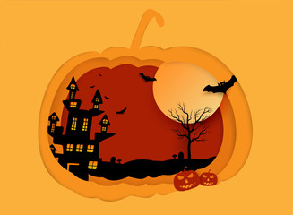 Halloween background vector with dark pumpkin, moon and bat silhouette style of sunset orange light